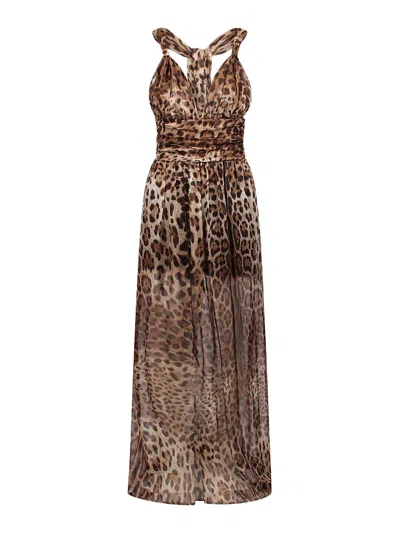 Dolce & Gabbana Long Dress With Leopard Print In Animal Print