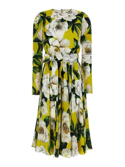 Dolce & Gabbana Waist Belt Crew Neck Floral Print Dress In Multicolor