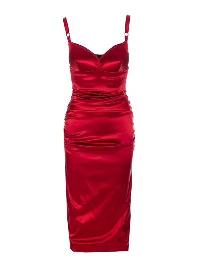 DOLCE & GABBANA RED DRAPED SATIN DRESS