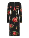 Dolce & Gabbana Rose-print Satin Long-sleeve Midi Dress In Black