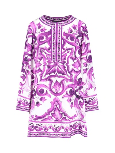 Dolce & Gabbana Vibrant Floral Print Midi Dress With Round Neckline And Straight Hem In Purple