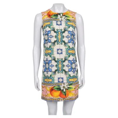 Pre-owned Dolce & Gabbana Vibrant Printed Cotton Silk Dress Xxs In Gray