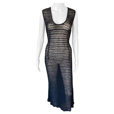 Pre-owned Dolce & Gabbana Vintage 1990's Sheer Open Knit Crochet Fishnet Black Maxi Dress