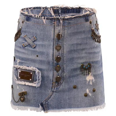 Pre-owned Dolce & Gabbana Vintage 2000's Dolce&gabbana Studded Denim Mini Skirt In Gray