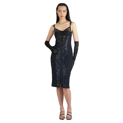 Pre-owned Dolce & Gabbana Vintage 2003 Lace Corset Midi Dress In Black