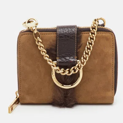 Pre-owned Dolce & Gabbana Vintage Brown Suede Horseshoe Ring Wallet On Chain