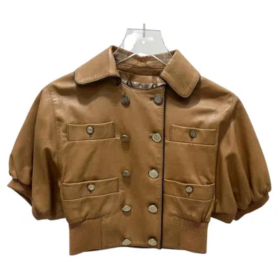 Pre-owned Dolce & Gabbana Vintage Cropped Tan Leather Jacket Sz 40 With Dg Logo In Brown