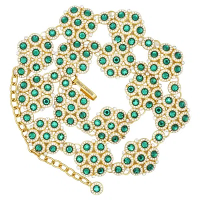 Pre-owned Dolce & Gabbana Vintage Green Crystals Emerald Floral Gold Chunky Belt Necklace