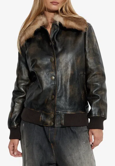 Dolce & Gabbana Vintage Leather Jacket With Detachable Fur Collar In Brown