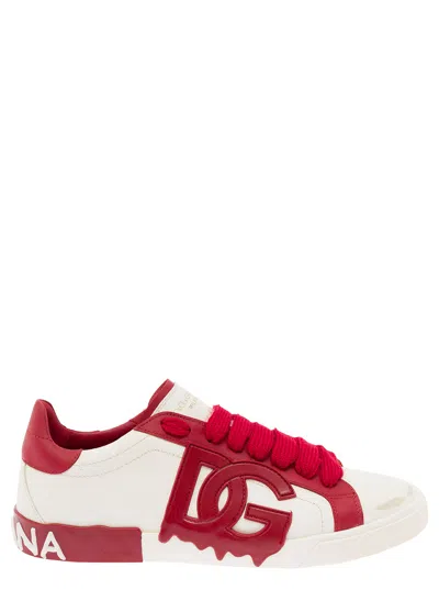 Dolce & Gabbana Vintage Portafino White And Red Low Top Sneakers With Dg Patch In Leather Man In Bianco Lampone (white)