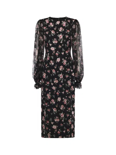 Dolce & Gabbana Women Black Dress With Round Neckline And All-over Floral Motif In Silk Blend Woman