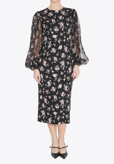 DOLCE & GABBANA VINTAGE ROSE PRINT CHARMEUSE MIDI DRESS