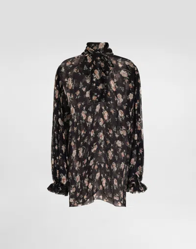 Dolce & Gabbana Vintage Rose-print Chiffon Top In Black