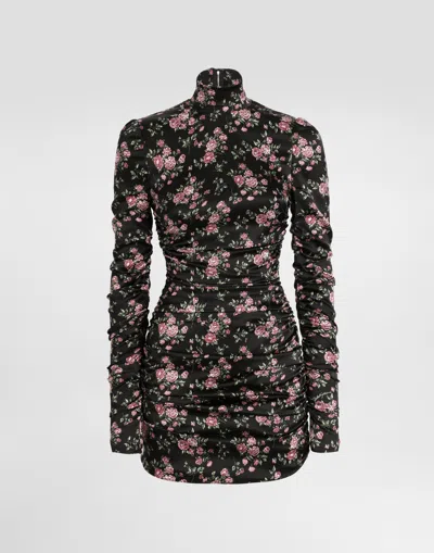 Dolce & Gabbana Vintage Rose-print Draped Dress In Black