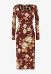 Dolce & Gabbana Rose Print Midi Dress With A Square Neckline In Brown