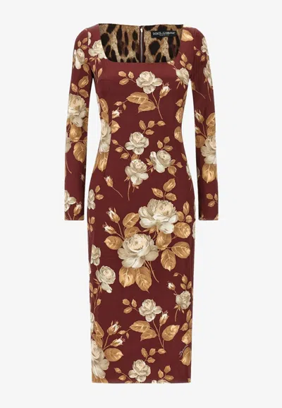 DOLCE & GABBANA VINTAGE ROSE PRINT MIDI DRESS