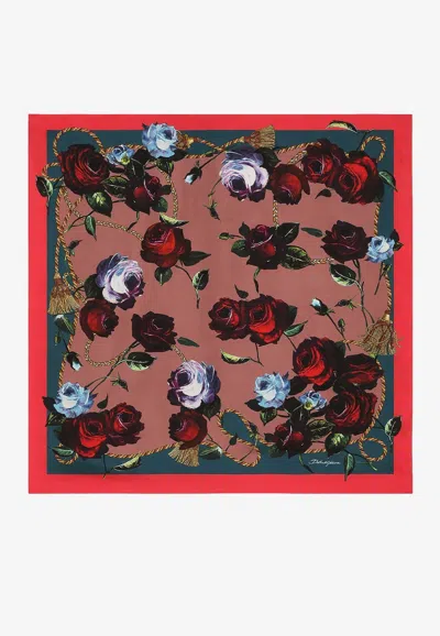 Dolce & Gabbana Vintage Rose Print Silk Scarf In Multicolor