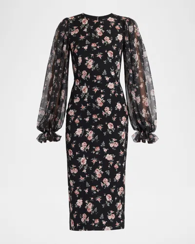 Dolce & Gabbana Women Black Dress With Round Neckline And All-over Floral Motif In Silk Blend Woman