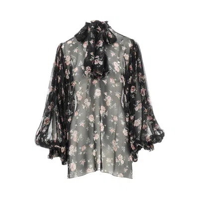 Dolce & Gabbana Vintage Roses Print Chiffon Blouse In Black