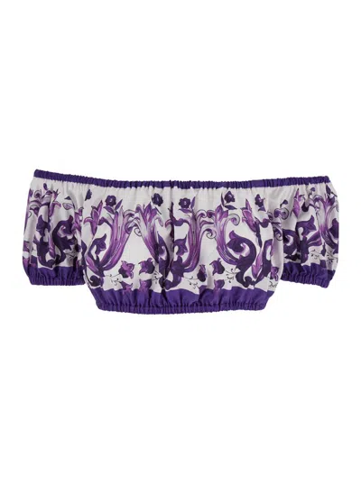 DOLCE & GABBANA VIOLET OFF-SHOULDER CROPPED TOP WITH ALL-OVER FLORAL PRINT