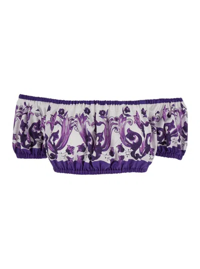 Dolce & Gabbana Violet Off-shoulder Cropped Top With All-over Floral Print In Cotton Woman In Purple