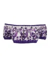 Dolce & Gabbana Violet Off-shoulder Cropped Top With All-over Floral Print In Cotton Woman