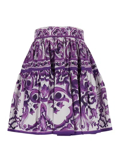 DOLCE & GABBANA VIOLET PLEATED MINISKIRT WITH REAR ZIP CLOSURE AND ALL-OVER GRAPHIC PRINT