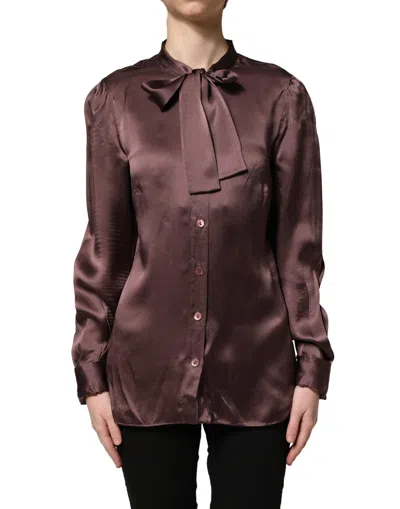 Pre-owned Dolce & Gabbana Violet Satin Long Sleeve Ascot Tie Shirt Women's Top ()