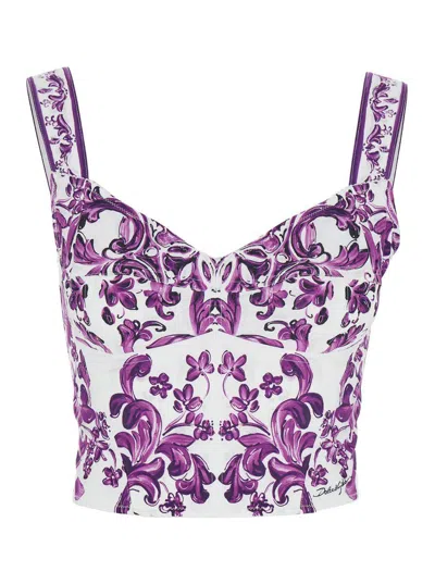 Dolce & Gabbana Violet Top With Sweetheart Neckline And All-over Graphic Print