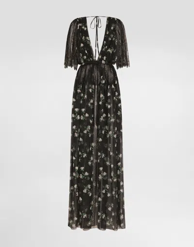 Dolce & Gabbana Violets-print Chiffon Robe Dress In Blue