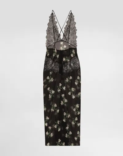 Dolce & Gabbana Violets-print Dress With Lace Insert In Black