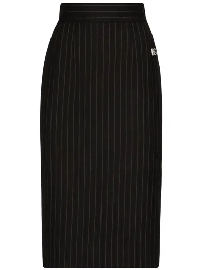 Dolce & Gabbana Virgin Wool-blend Pinstripe Midi Skirt In Black