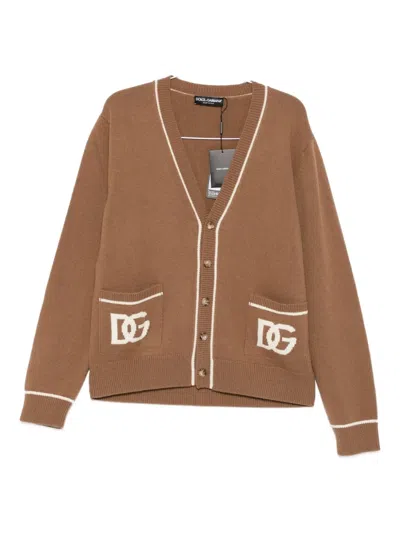 Dolce & Gabbana Virgin Wool Cardigan With Dg Inlay In Brown