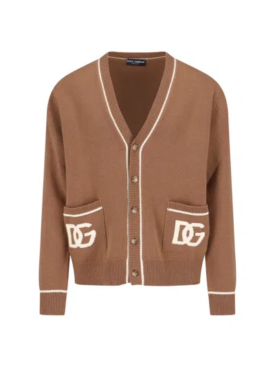 Dolce & Gabbana Crewneck Sweater With Ribbed Cuffs And Pockets In Brown