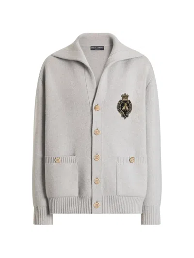 Dolce & Gabbana Virgin Wool Cardigan With Embroidery In Gray