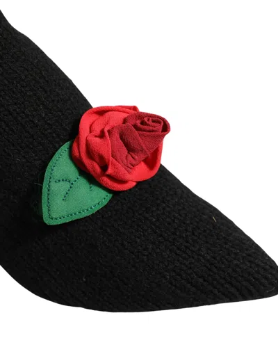 Dolce & Gabbana Virgin Wool Knit Floral-appliqué Heel Boot In Black