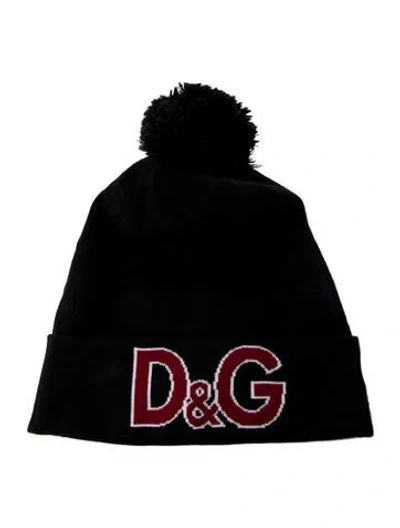 Pre-owned Dolce & Gabbana Virgin Wool Logo Knit Pom-pom Accent Beanie  W/tags In Black