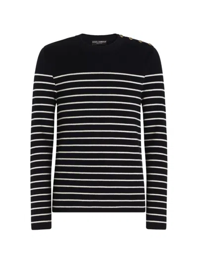Dolce & Gabbana Blue And White Virgin Wool Knit Striped Crewneck Sweater In Black
