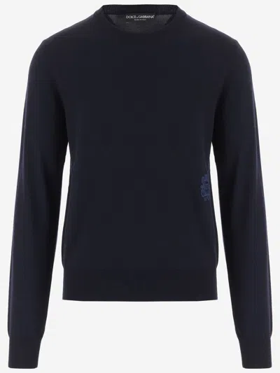Dolce & Gabbana Virgin Wool Sweater With Logo In Blue