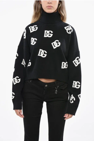 Dolce & Gabbana Virgin Wool Turtleneck Sweater With All-over Monogram In Black