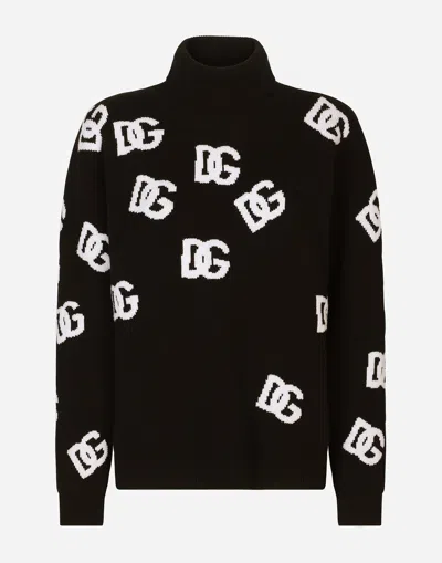 Dolce & Gabbana Virgin Wool Turtleneck With Inlaid Dg Logo In Multicolor