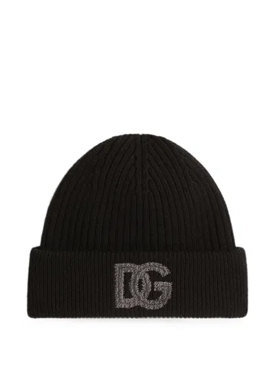 Dolce & Gabbana Gx66kzjdvn6 Logo English Rib Knit Beanie In Black