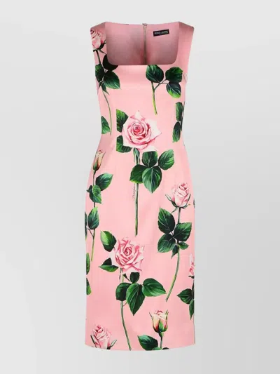 Dolce & Gabbana Pink Rose Print Satin Sheath Dress