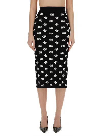 Dolce & Gabbana Viscose Logo Jacquard Pencil Skirt In Black
