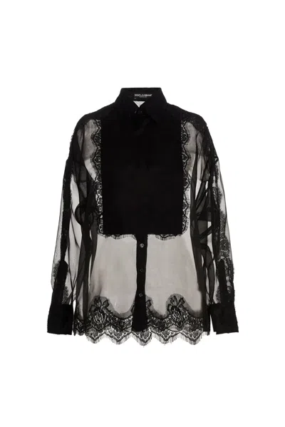 Dolce & Gabbana Lace-insert Silk Blouse In Black