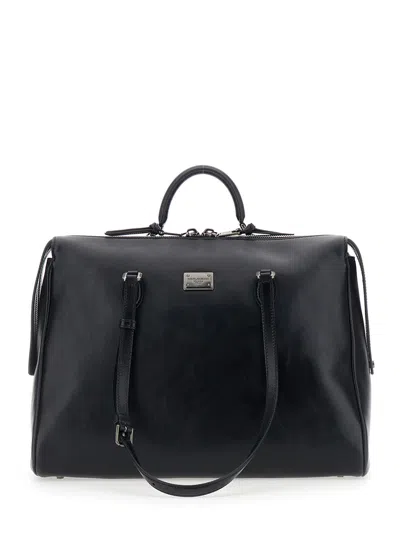 Dolce & Gabbana Vittoria Black Shoulder Bag With Two Shoulder Straps And Logo Plaque On The Front In Leather Man