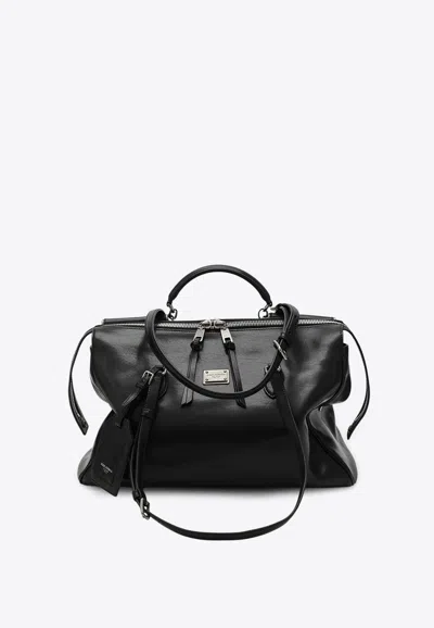 Dolce & Gabbana Vittoria Calf Leather Top Handle Bag In Black