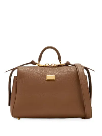 Dolce & Gabbana Vittoria Leather Tote Bag With Logo Plaque In Brown