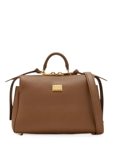 Dolce & Gabbana Vittoria Logo-plaque Leather Tote Bag In Brown