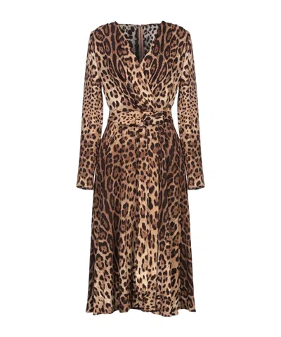 Dolce & Gabbana V-neck Leopard Print Dress In Brown